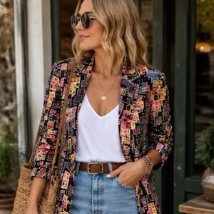 Vintage Silk Stamp Print Blazer Artsy Novelty Jacket 90s M